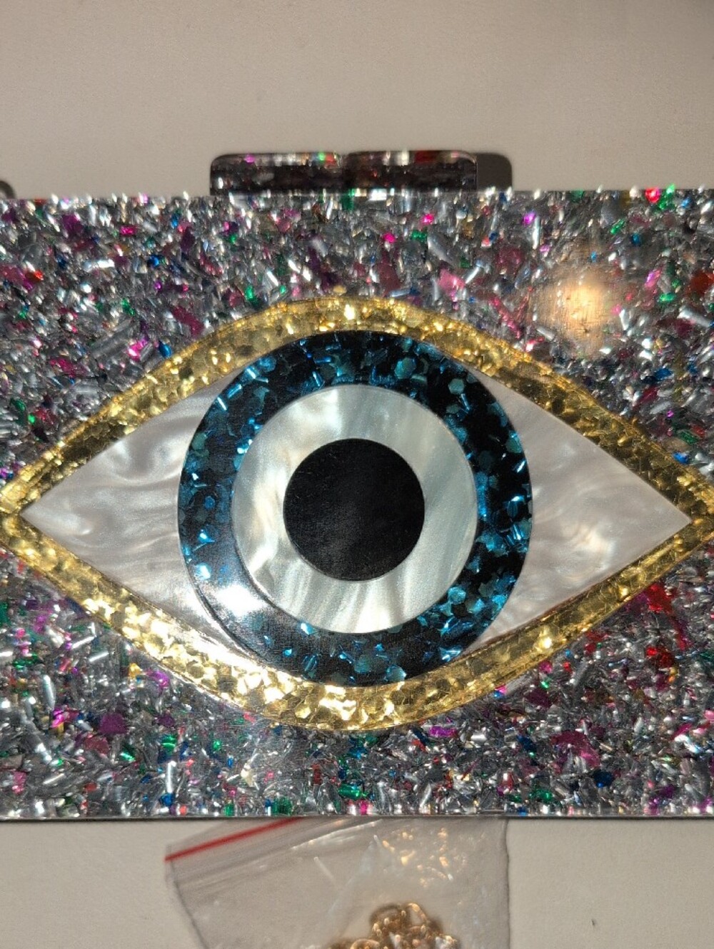 City Glitter Evil Eye Clutch - Silver Multicolor With Crossbody Strap - Picture 3 of 16